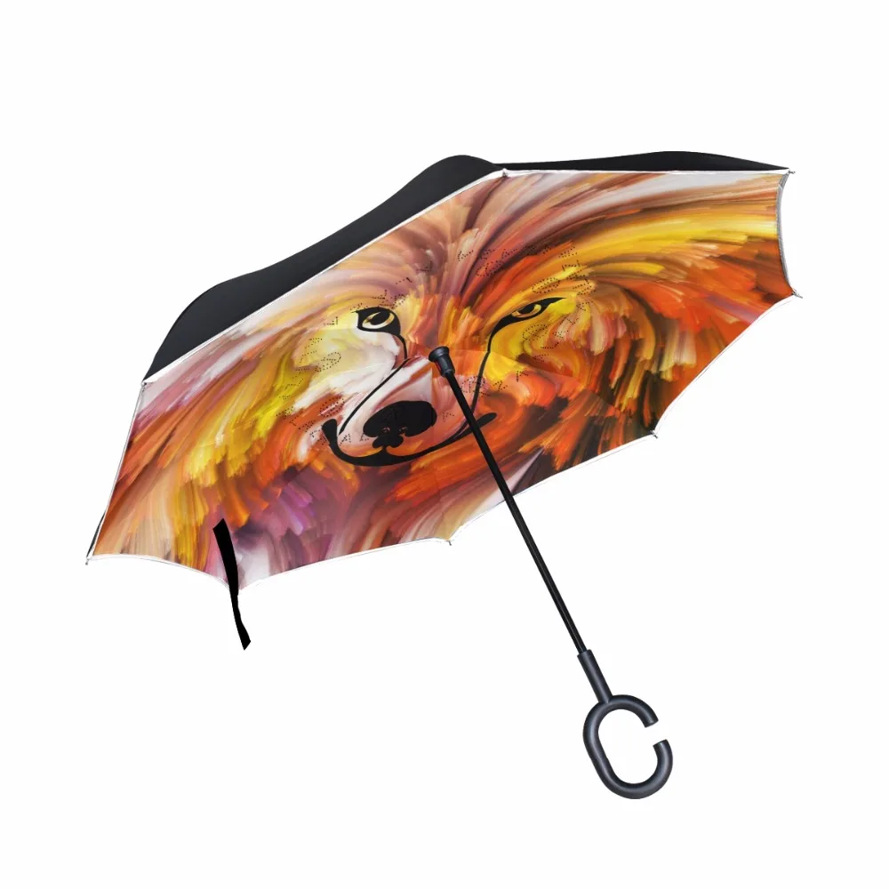 

Windproof Double Layer Reverse Umbrella Dog Painting Creative Cars Long C-Handle Women Rain Inverted Umbrella Self-Stand