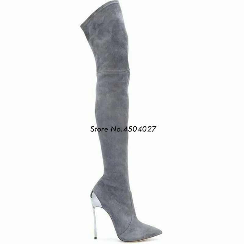Botas por encima de la rodilla de ante para mujer, Botines altos hasta el  muslo, de tacón fino, a la moda, color gris - AliExpress Calzado