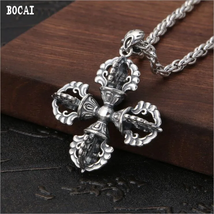 

100% S925 solid sterling silver Tibetan open light retro cross vajra Thai silver pendant
