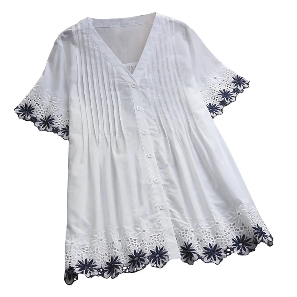 JAYCOSIN женские блузки топы лето размера плюс винтажный короткий рукав вышивка v-образный вырез кружева Кнопка Топ рубашка блузки для женщин - Цвет: Белый