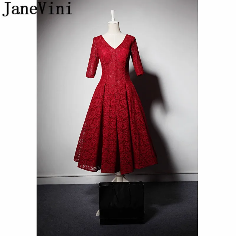 

JaneVini Vintage Burgundy Lace Evening Dresses Tea Length Half Sleeves Godmother Dinner Dresses Long Mother Of The Bride Dresses