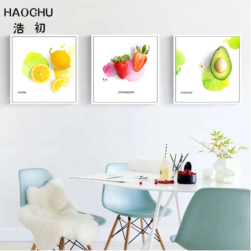 HAOCHU European lemon strawberry avocado pattern canvas restaurant wall decoration picture tea shop sticker | Дом и сад