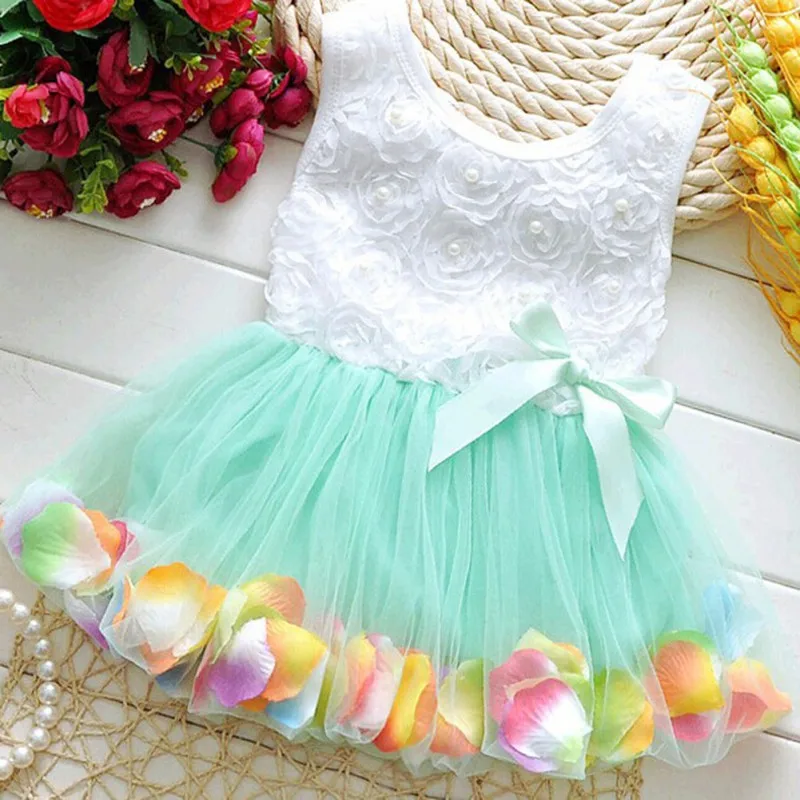 

Summer Baby Girls Dress Kids Colorful Petal Princess Dress Party Tutu Lace Bow Vest Tulle Dresses
