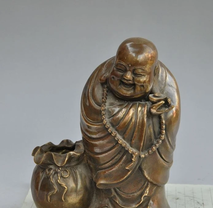 

8"china buddhism bronze happy laugh Maitreya Buddha statue brush pot pencil vase