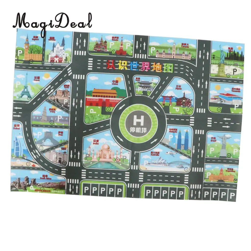 World Map Road Traffic System Playmat Activity Play Mat Carpet Educational Toy for Playing Cars & Train Track Playroom Fun