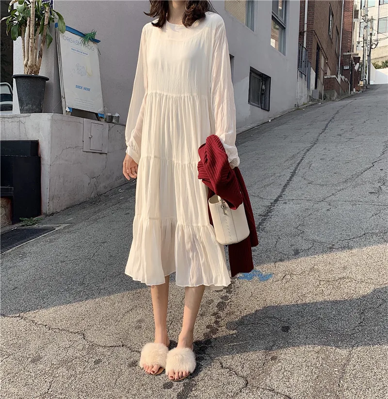 

New Korean loose Joker chiffon solid color base sleeve long sleeve lazy wind 2019 spring and autumn ladies dress