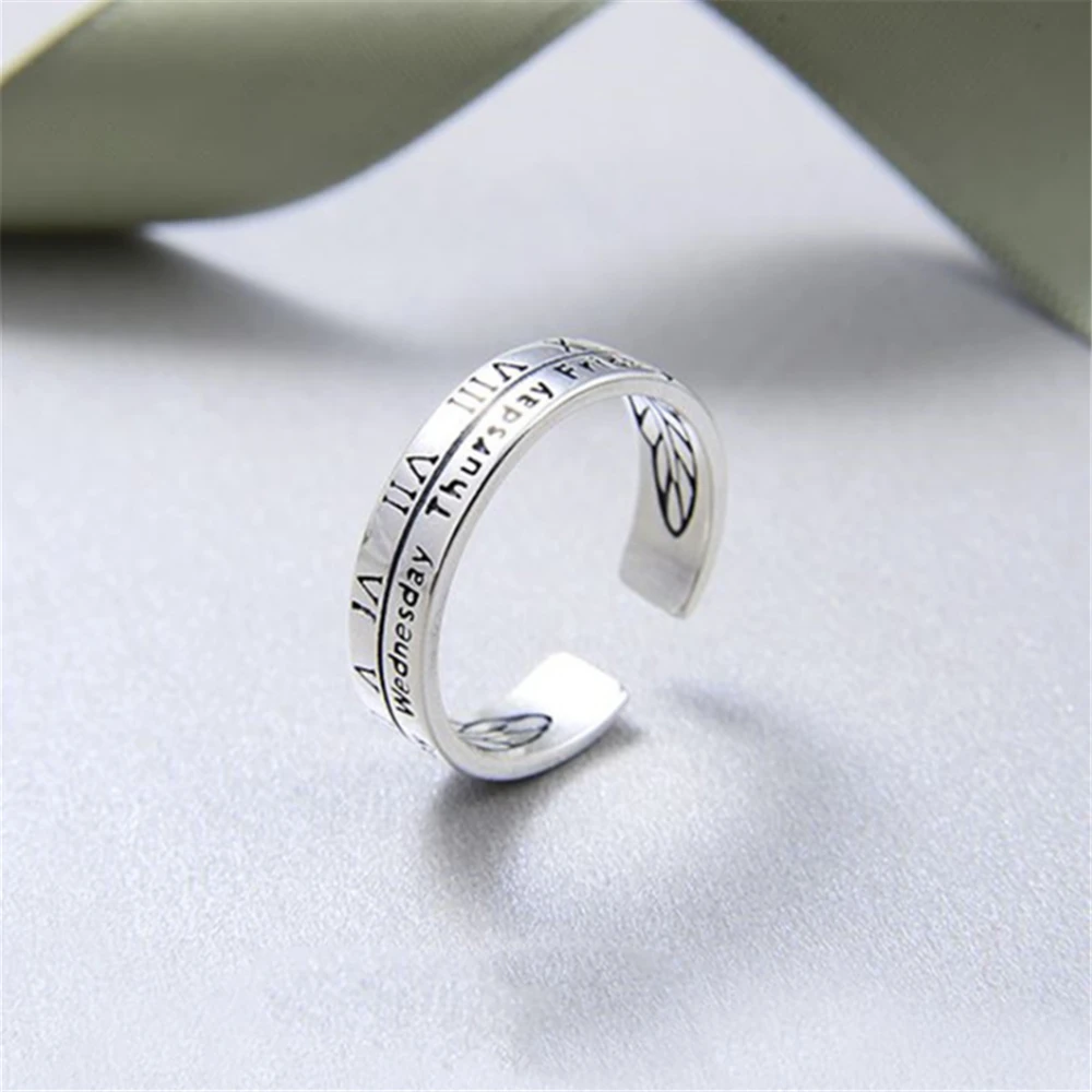 

2019 korean style 925 sterling sliver Rome numbers letters week adjustable ring anillo vintage leaf cool fashion jewelry KJZ0363