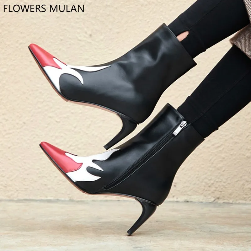 

2018 New Winter Star Same Style Ankle Boots Mixed Color Flame Pattern Real Leather Botas Strange Kitten Heel Side Zipper Shoes