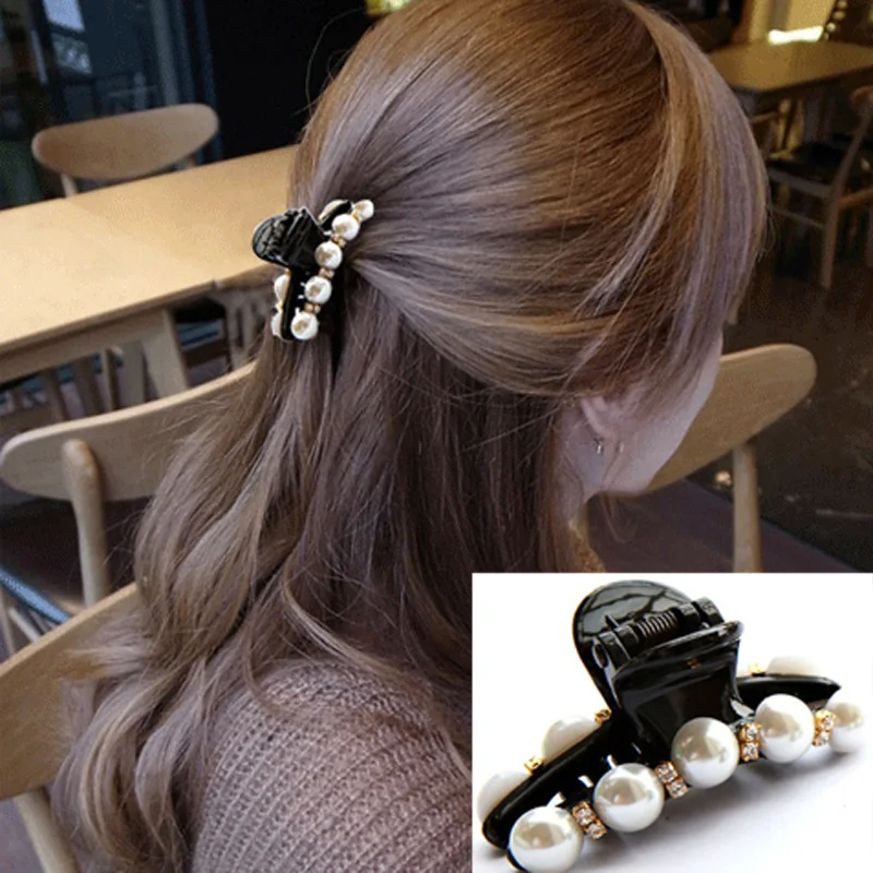 1 pair Hair Clip Black Claw Clip Crystal Pearl Plastics for Women/Girls