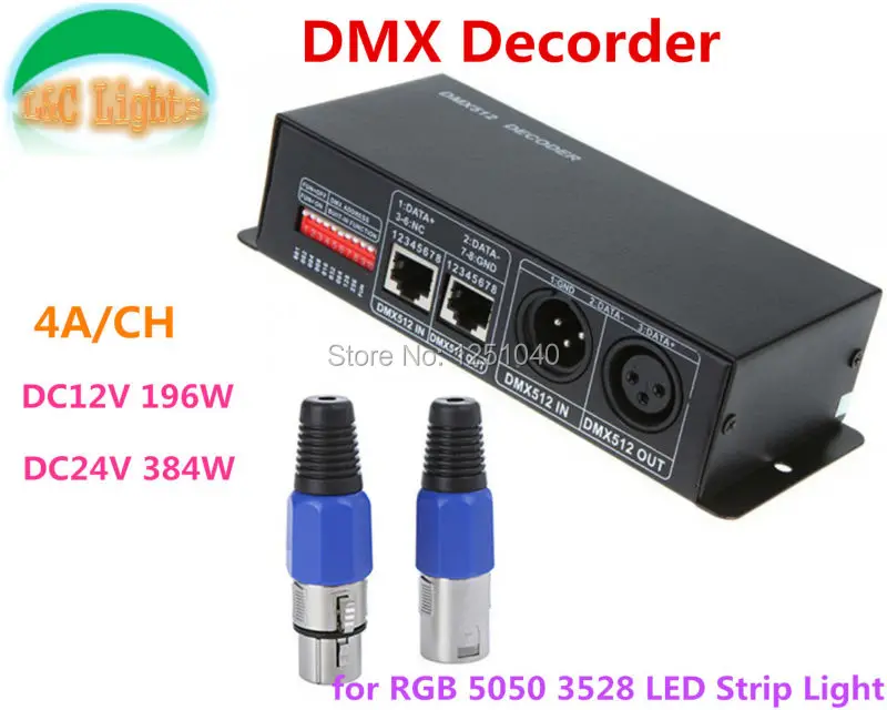 

DC 12V-24V 4 Channel DMX Decoder LED Controller for RGB 5050 3528 LED Strip Light and RGB LED lighting Free Shipping Wholesale