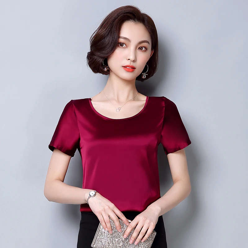 

Female summer 2019 new loose large size simulation silk short-sleeved T-shirt round neck sexy casual satin bottoming shirt women