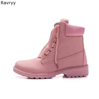 

2018 Lace up Woman Ankle Boots Pink Leather Short Boot Low Heel Cool motorcycle boot Desert Boot Autumn Winter Female Shoes