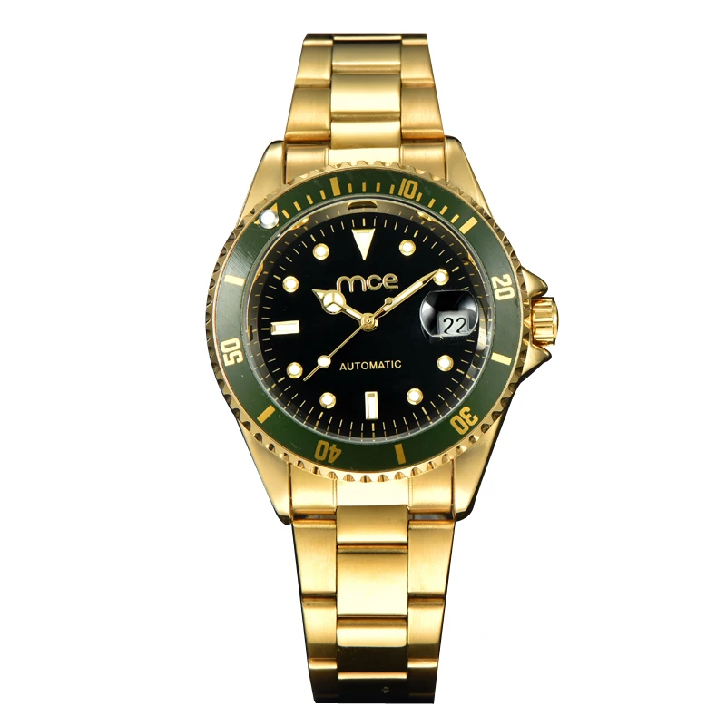 

Hot Sale Luxury Golden Luminous Automatic Mechanical Rotator Discs Stainless Steel Band Wrist Watch Men Best Gift MCE Clock