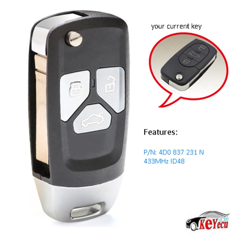 

KEYECU Replacement Upgraded Replacement Flip Remote Key Fob 433MHz ID48 for Audi A3 A4 1999-2002 4D0 837 231 N