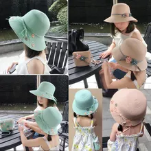 2 шт., женская соломенная шляпа с бантом и цветочным принтом, с широкими полями, для родителей и детей, шапочка для пляжа, ASD88