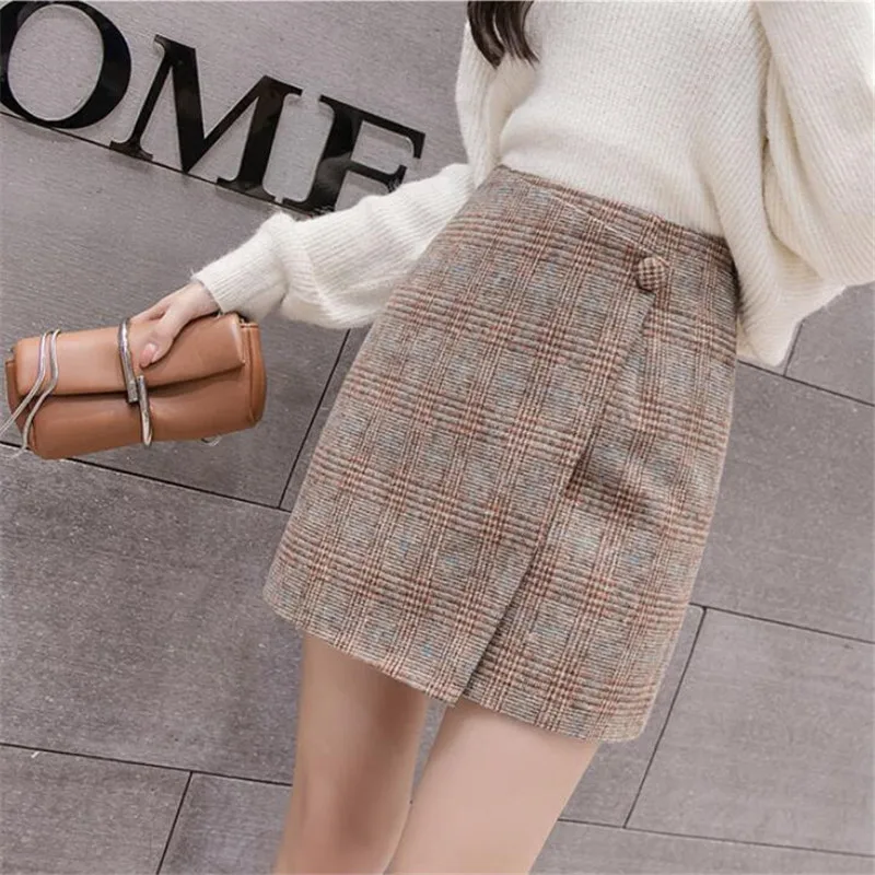 Spring Autumn Korean Retro Woolen Plaid Skirt For Women High Waist Slim Mini Skirts Fashion Sweet Ladies A-line Skirt Female