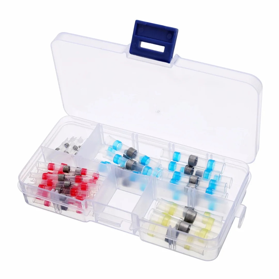 

50pcs Polyolefin Solder Sleeves Heat Shrink Connectors Wire Crimp Butt Terminals Connectors with Box Red/Blue/White/Yellow