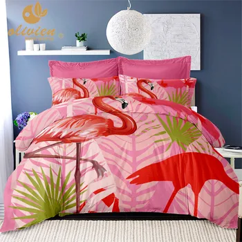 

Flamingo Bedding Set Green Plant Printed Duvet Cover Twin Full Queen King Size Bedding Cover Animal Printed Bedclothes 3Pcs