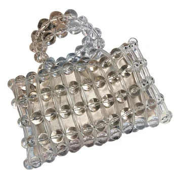 

AUAU-Transparent Crystal Glass Pearl Bags Women Handmade Handbag Hollow Clear Top Handle Hand Bags Summer Beach Party Purse Ba