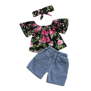 

Summer Girl Clothes 3PCS/Set Infant dress summer flower word shoulder shirt+denim hole shorts+scarf clothes