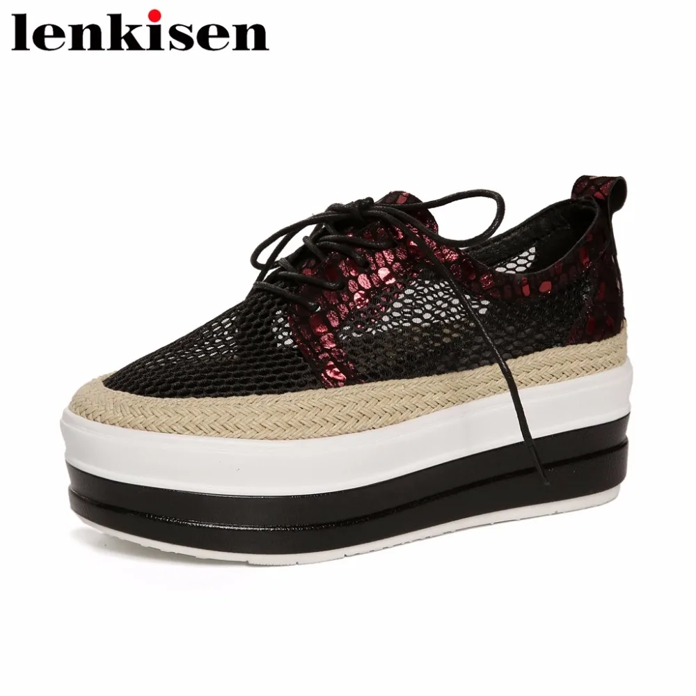

Lenkisen summer autumn leisure shoes lace up round toe air mesh straw decoration thick high bottom vintage fairy women pumps L86