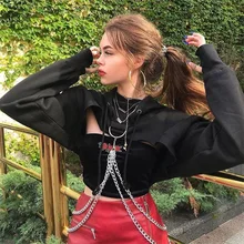 Короткая Женская толстовка с капюшоном с отрезанием спереди, толстовки с капюшоном с цепочкой, укороченный топ, джемпер, женская одежда в готическом стиле