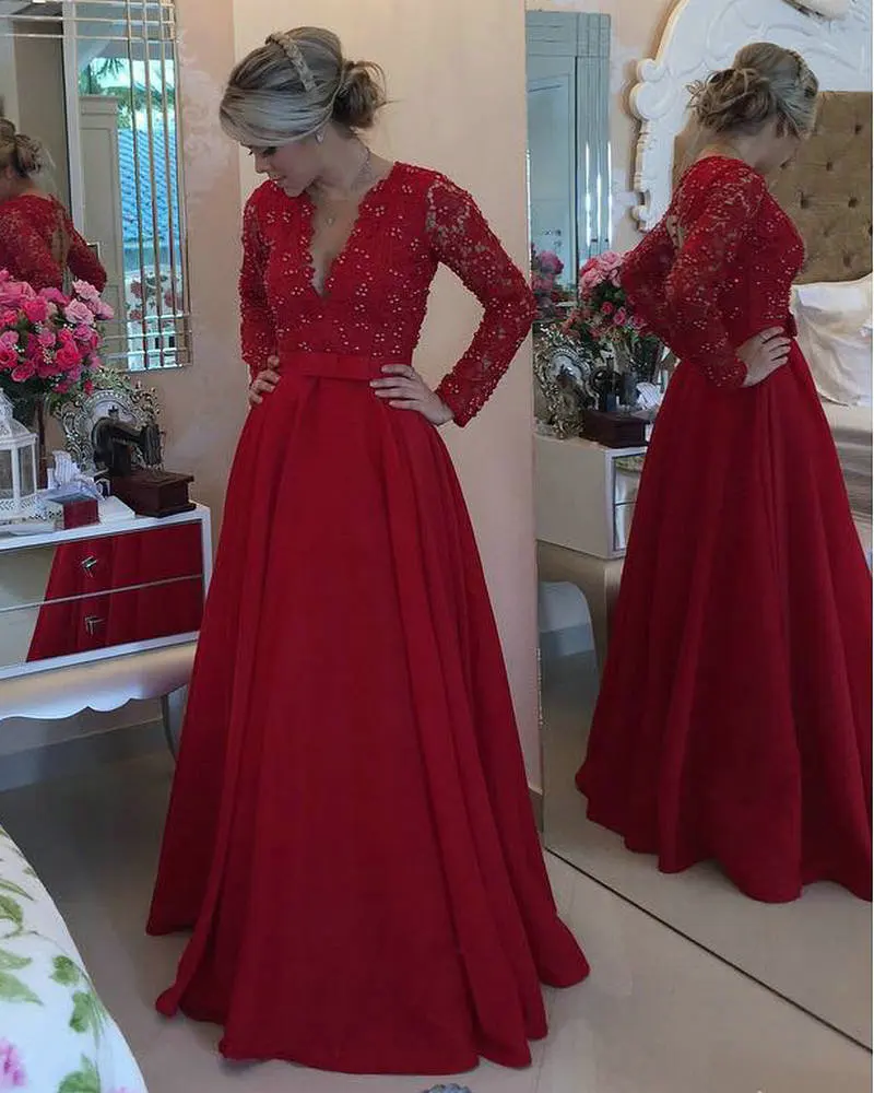 Beautiful Red Long Sleeve Evening Party Gown 2016 gala jurken Applique ...