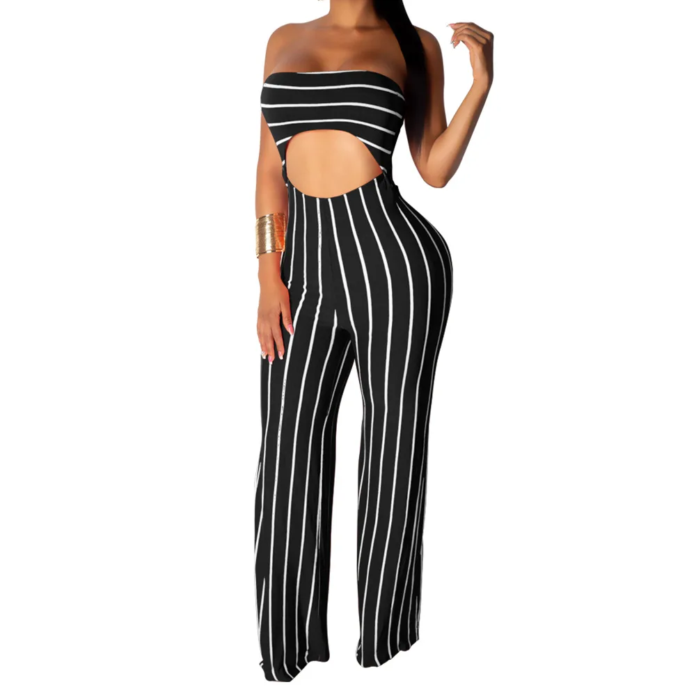 

Sexy Hollow Out Strapless Jumpsuit Women Elegant Off Shoulder Striped Print Long Pants Rompers Casual Bodycon Overalls For Women