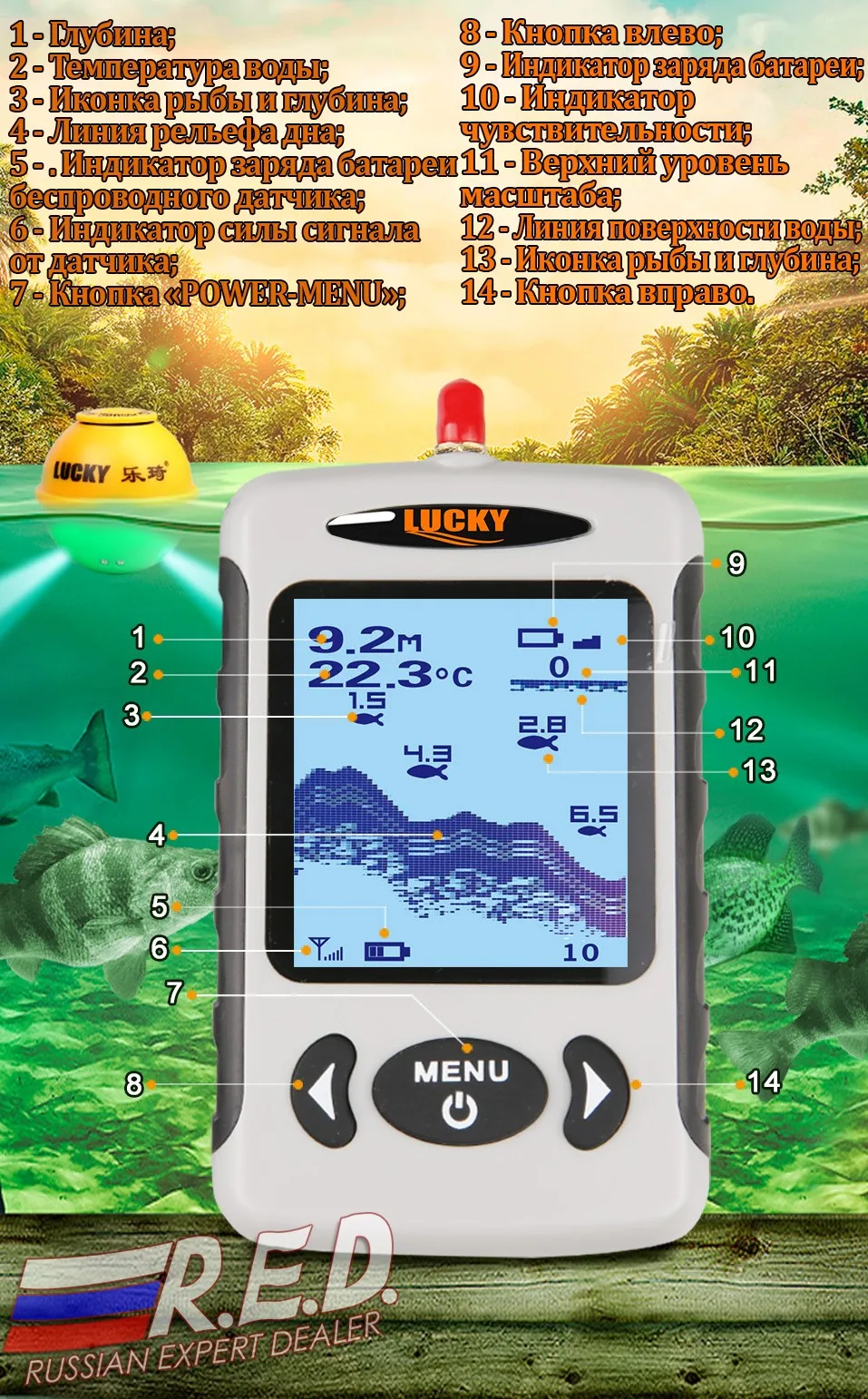 lucky FFW718 LA датчик работает от встроенного аккумулятора диапазон работы до 120 метров глубина сканирования до 45 м меню на Русском по России от 2 дней эхолот эхолот для рыбалки fish finder