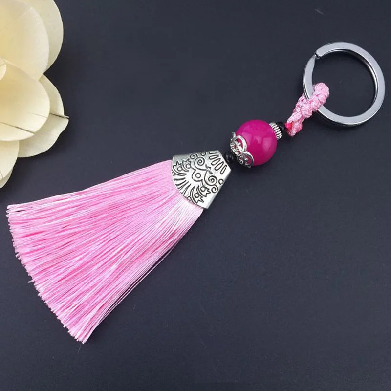 Wholesale 14cm pink Tassel Charms Ice Silk Key Ring With Beads Pendant