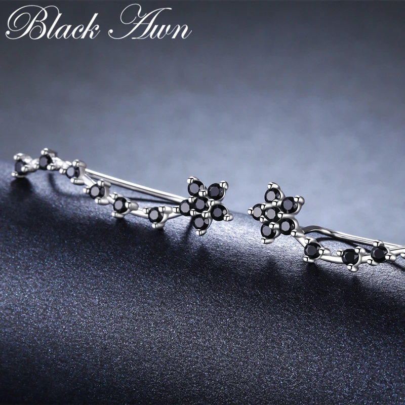 Romancit 925 Sterling Silver Jewelry Engagement Flower Drop Earrings For Women Black Spinel Female Earring Gift I036