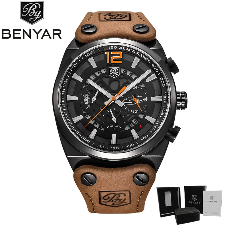 BENYAR модный дизайн Топ военные часы водонепроницаемые мужские наручные часы с хронографом спортивные кварцевые часы мужские часы Relogio Masculino - Цвет: Black Orange
