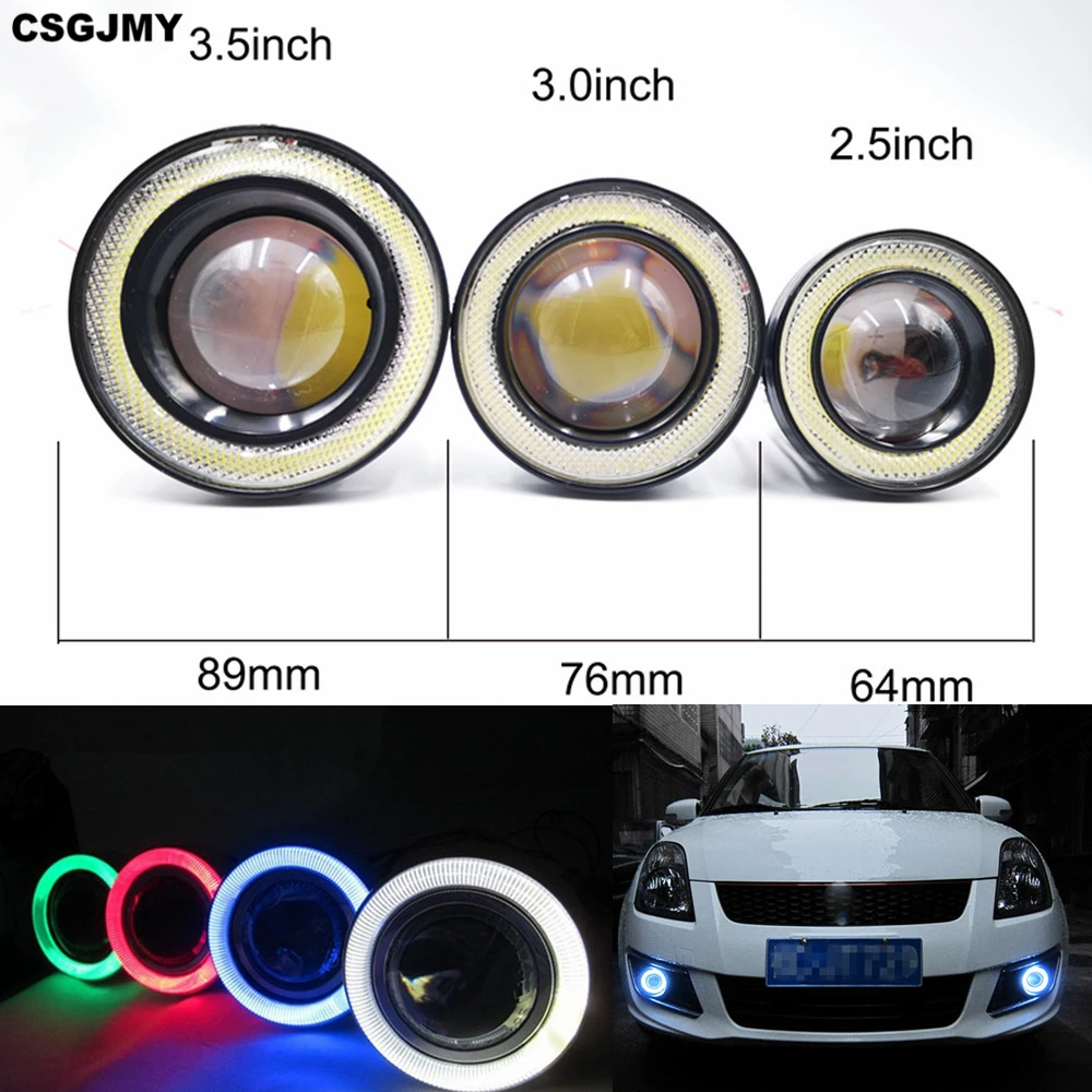 

CSGJMY 2pcs 12V Universal COB LED DRL Fog Driving Lights white blue pink yellow green red Angel Eyes Fog Lamp 64mm 76mm 89mm