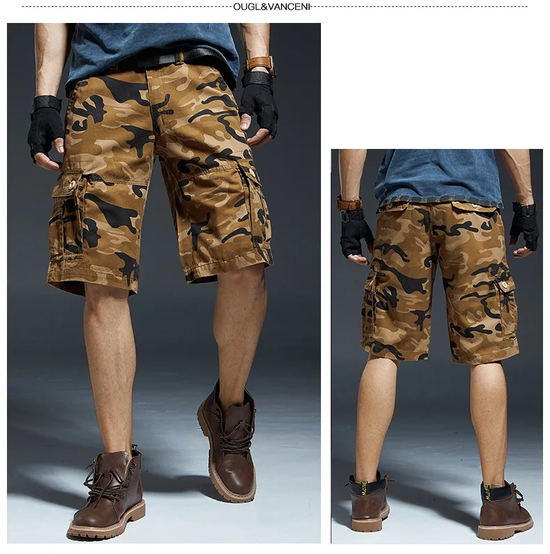 Мужские камуфляжные пляжные шорты с несколькими карманами, прямые шорты-карго, летние походные тренировочные военные шорты
