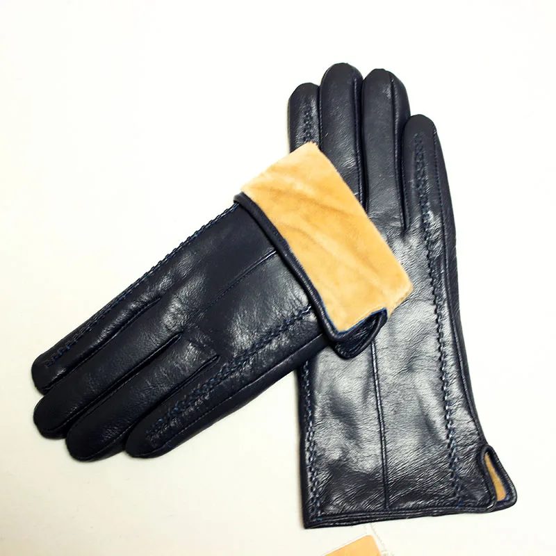 Кожаные перчатки Женская мода цепи цветок стиль несколько цветов флисовая подкладка осень тепло Ms. овчина перчатки на палец - Цвет: Dark blue