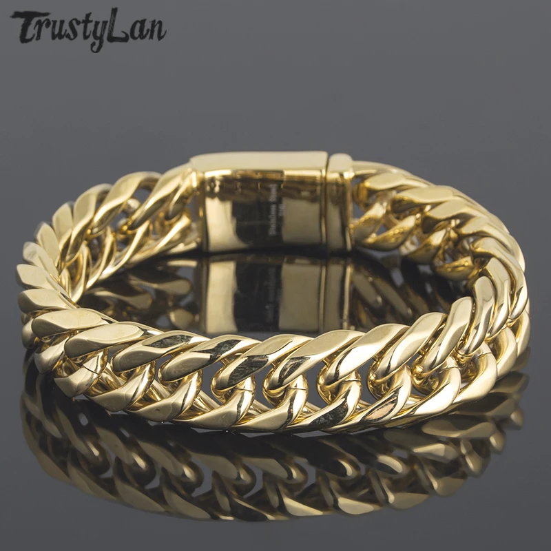 

TrustyLan Thick Rolled Gold Color Golden Chain Bracelet Men 16MM Wide 8.6" Inch Steel Wristband Fashion Charm Men's Bracelets