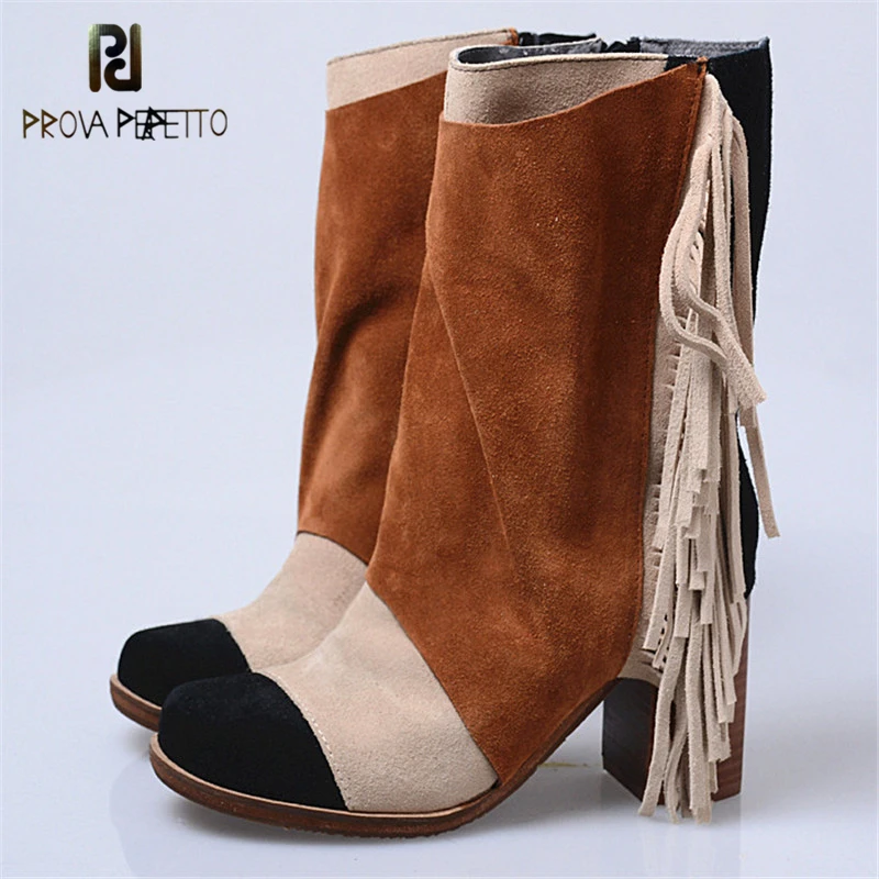 

Prova Perfetto Mixed Color Design Winter Cow Suede Leather Patchwork Woman Boots Elegant Fringe Round Toe Chunky High Heel Boots