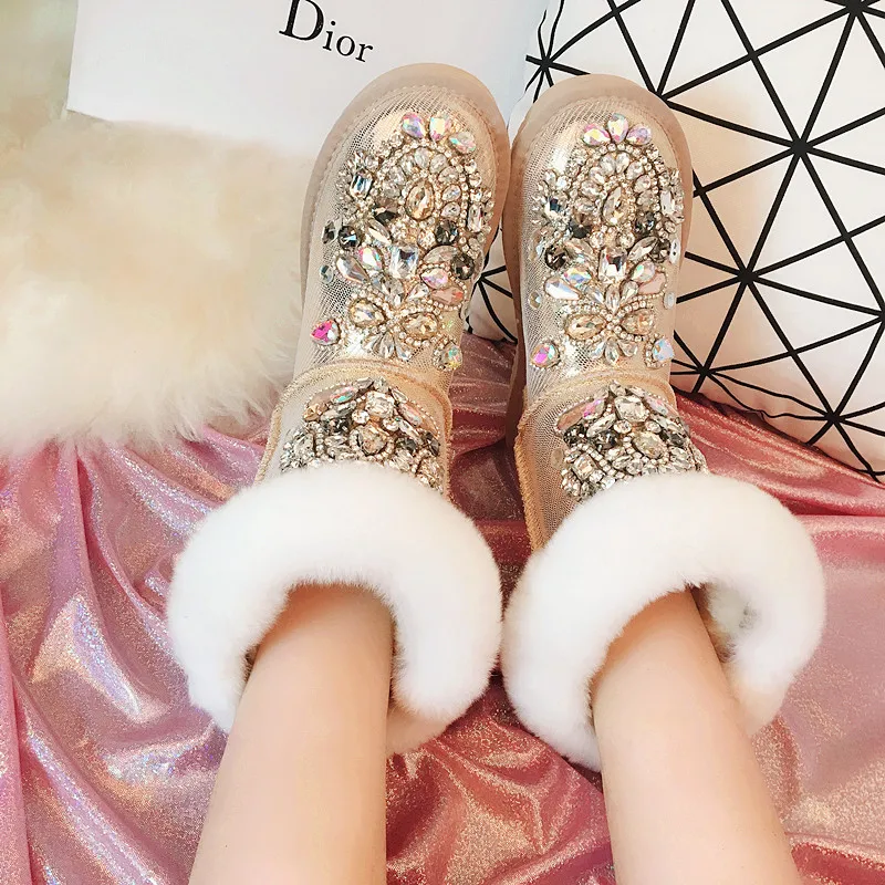 Top Heavy Industry European Luxury Exclusive Original Gemstone Rhinestone Leather Snow Boots Joker Thicken Warm Boots