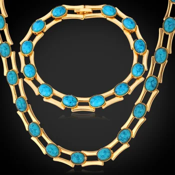 

Kpop Bracelet Necklace New Style For Woman/Men Gold/Silver Color Blue Stone High Quality Jewelry Set Brand S611