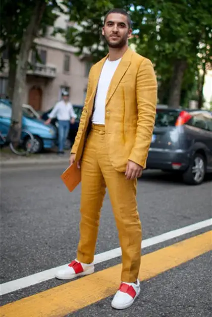 linen suit with sneakers