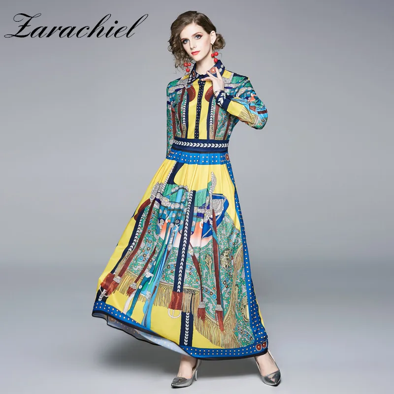 

2019 New Arrival Autumn Women Vintage Pattern Print Runway Maxi Dress Female Turn Down Collar Long Sleeve Casual Long Dress