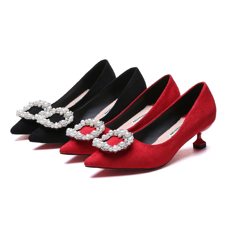 

2019 spring summer new wild pointed stiletto heel shallow mouth single shoes 3cm rhinestone square buckle high heels woman shoes