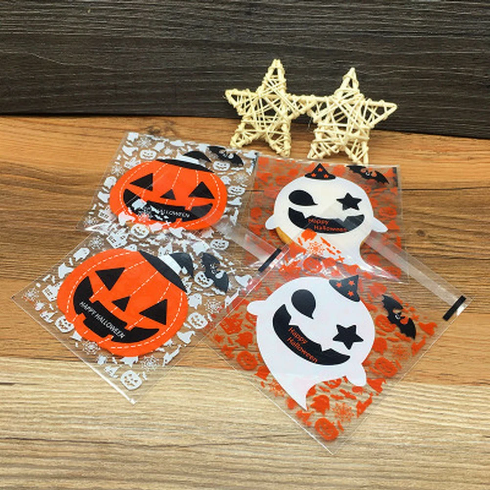 

100Pcs Yellow pumpkin Halloween Gifts Bags Plastic Clear DIY Candy Cookies Birthday Party Craft Bags Packaging Bags
