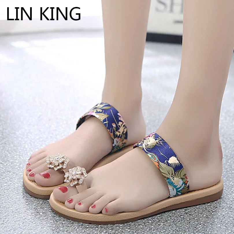 

LIN KING Cute Flower Women Slippers Fashion Crystal Flats Summer Beach Shoes Casual Woman Slides Comfortable Ladies Flip Flops