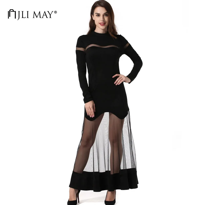 

JLI MAY Black sexy maxi dress evening long sleeve slim suede mesh transparent women autumn party ladies long dresses elegant