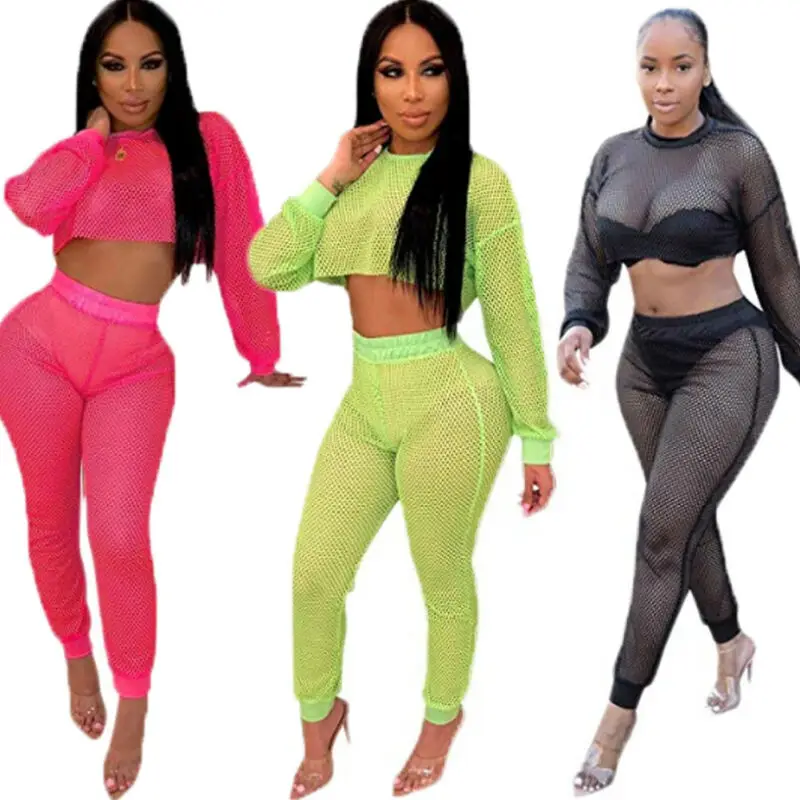 

Meihuida 2Pcs Womens Mesh Hollow out Sheer Crop Tops High Waist Pant Summer Beach Cover Up Set Outfits