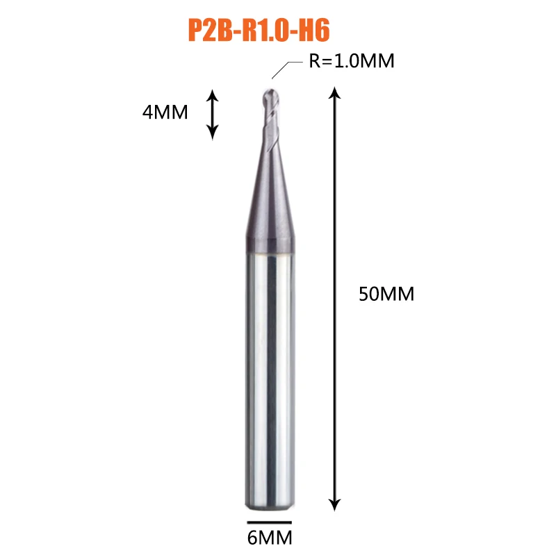 1 шт. торцевая фреза с шариковым концом 2 флейты R0.5-R6.0 фрезерный станок с ЧПУ для обработки металлических граней и пазов hrc50 концевые фрезы с покрытием - Длина режущей кромки: 1PC-P2B-R1.0