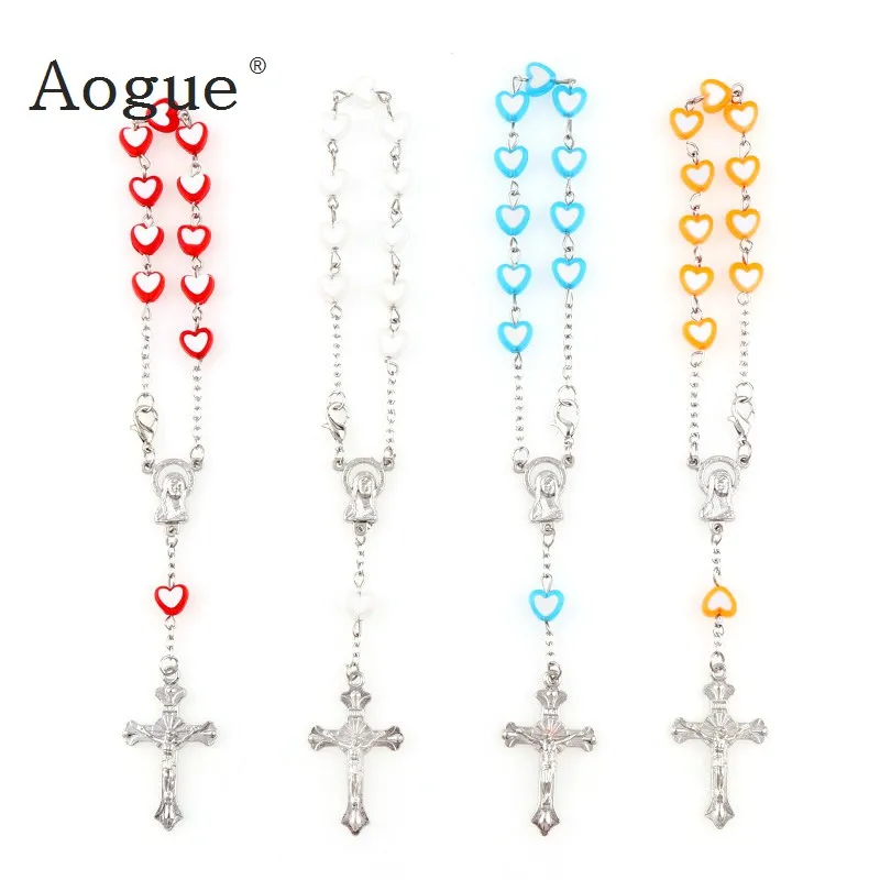 

8mm Colorful Plastic Heart Beads Rosary Bracelet With Silver Lobster Made Metal Maria Center & Jesus Crucifix Cross Pendants
