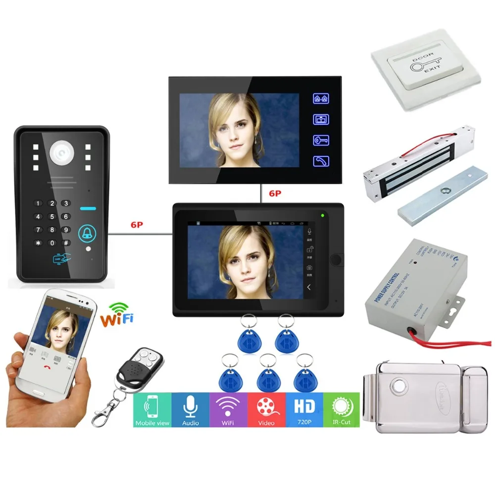 

Home set 7" 2 Monitors Wired /Wireless Wifi Video Doorbell Intercom System with IR-CUT HD 1000TVL Wired CCD Camera+Electric Lock