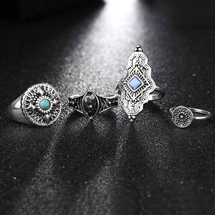 4Pcs/lot Fashion Gold Silver Midi Rings For Women Indian Knuckle Finger Viking Ring Set Vintage Tibetan Jewelry Boho Accessories